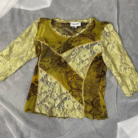 Italian Vintage 00s boho green floral sheer mesh & lace blouse (M) fairy grunge - Picture 2 of 9